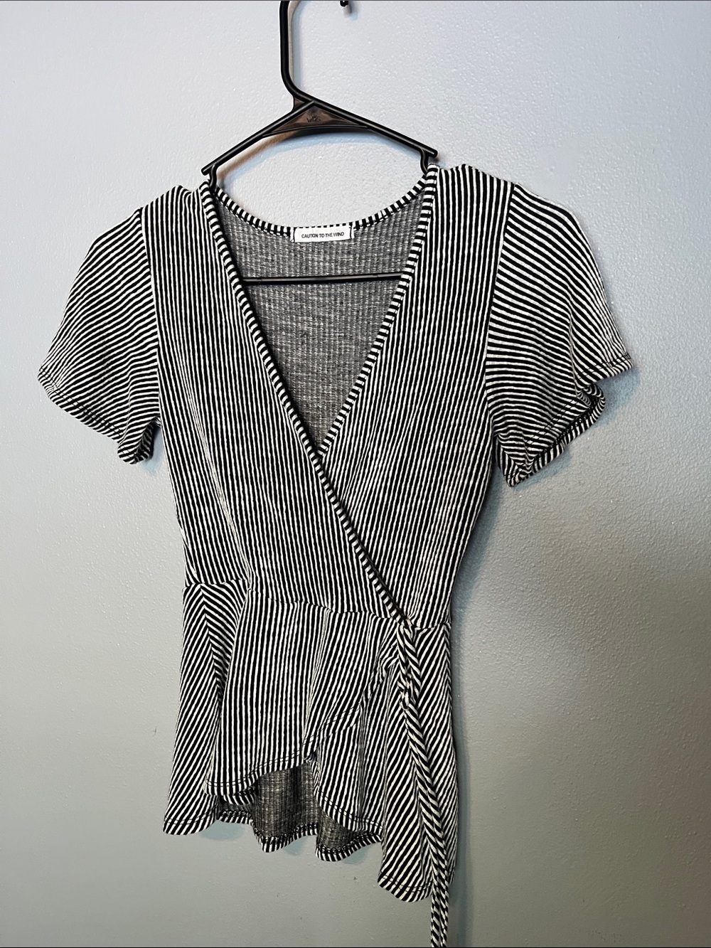 Caution To The Wind Black & White Striped Wrap Tie Top
